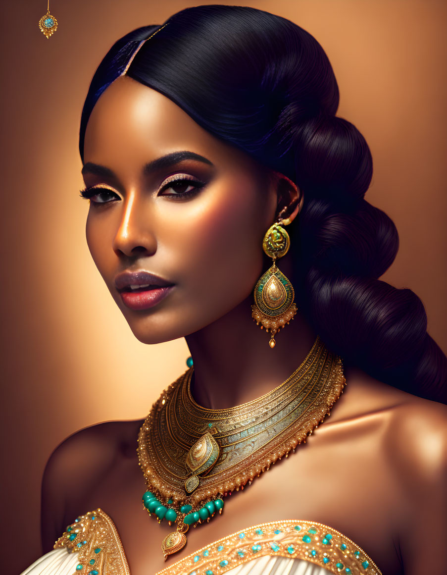 Stylish woman with braided hair and gold jewelry on warm amber background