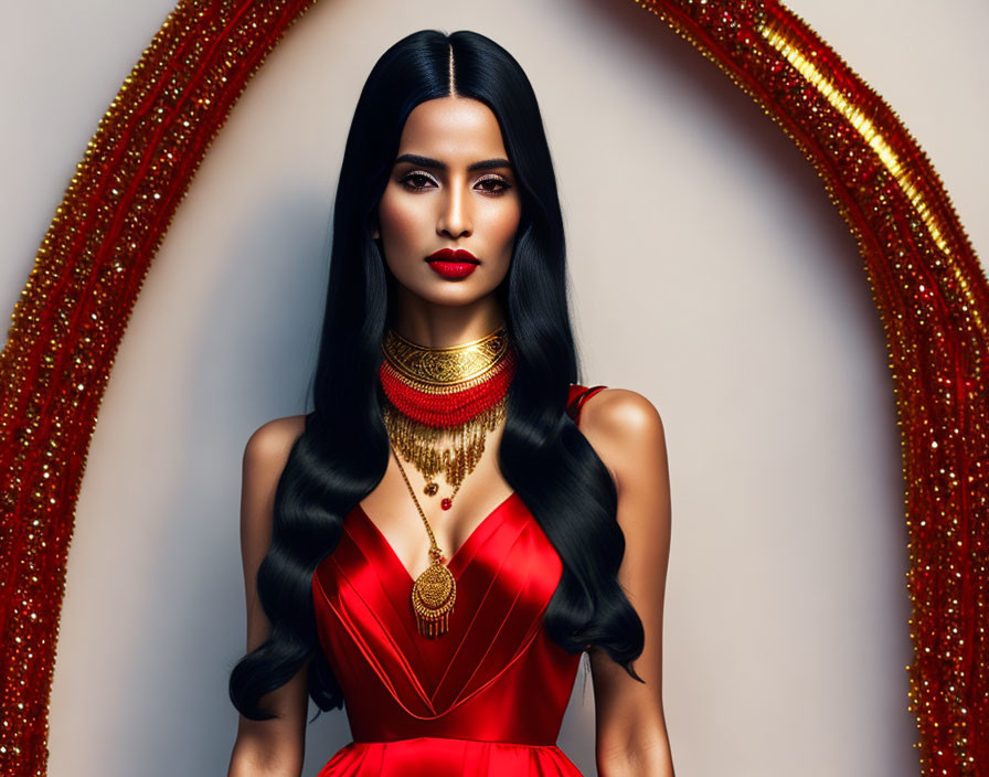 Woman in Red Dress with Long Dark Hair and Gold Jewelry Against Red Drapery