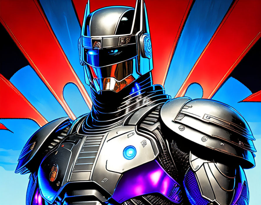 Futuristic armored character with blue glowing elements on dynamic red and blue backdrop