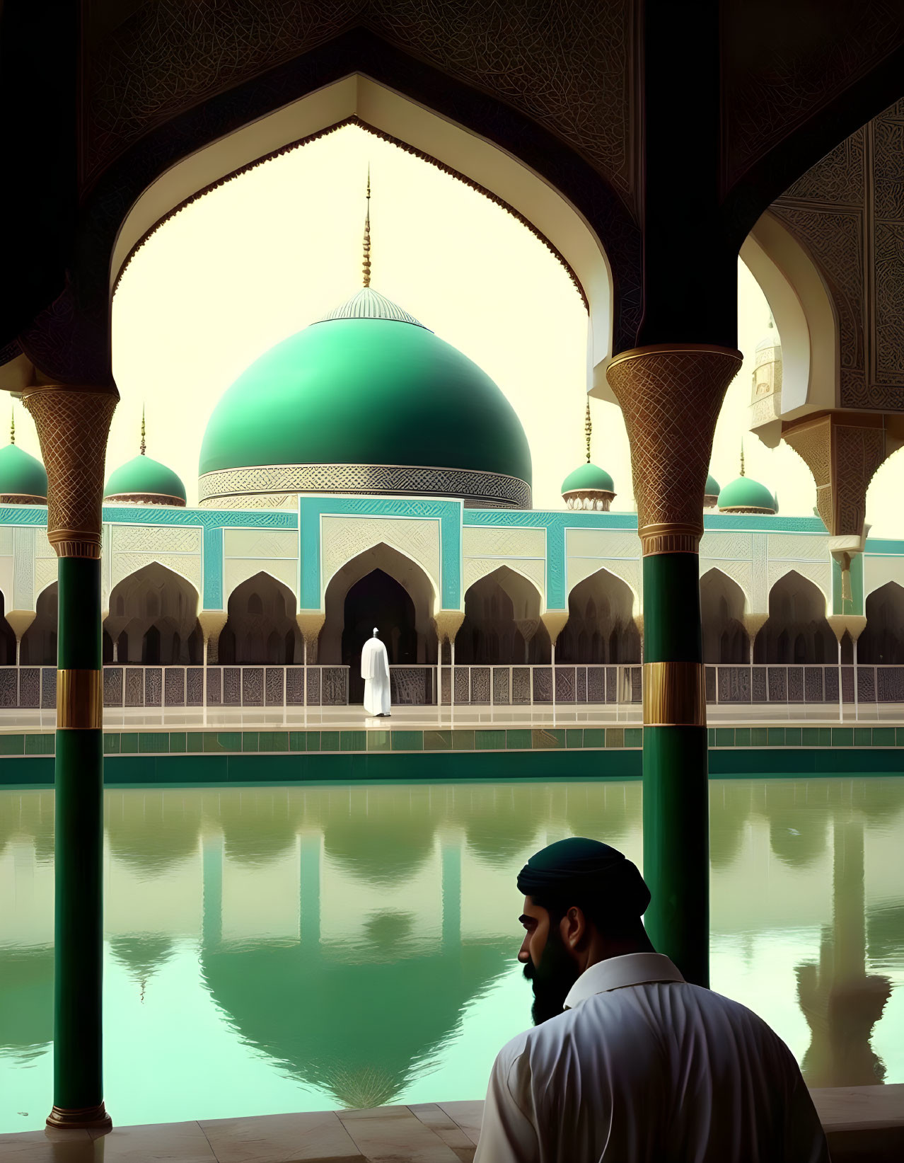 Traditional attire figure ponders ornate mosque by reflective pool