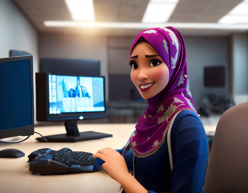 Smiling woman in hijab at desk with computer in office setting