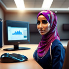 Smiling woman in hijab at desk with computer in office setting