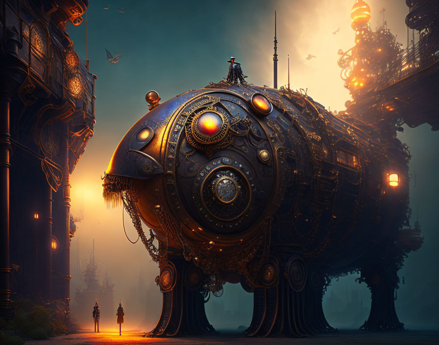 Steampunk-style spherical vehicle with glowing lights under twilight sky