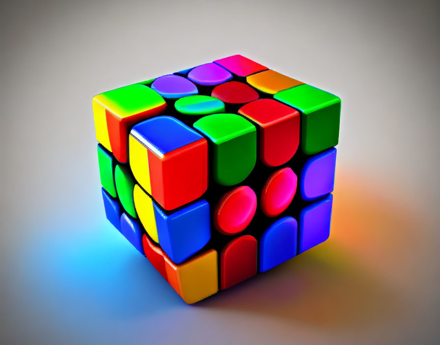 Colorful 3D-rendered Rubik's Cube on grey background