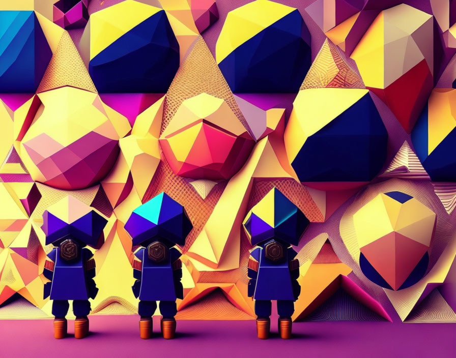 Colorful Abstract Art with Geometric Shapes & Cube-Headed Figures