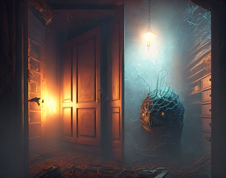 Dimly Lit Room with Glowing Bulb and Monster Eye in Cobweb-covered Setting