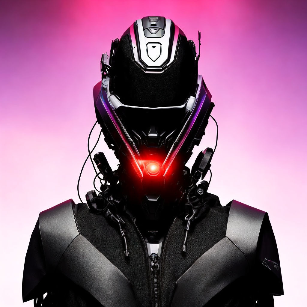 Futuristic robotic figure with helmet and red visor on pink-violet gradient.