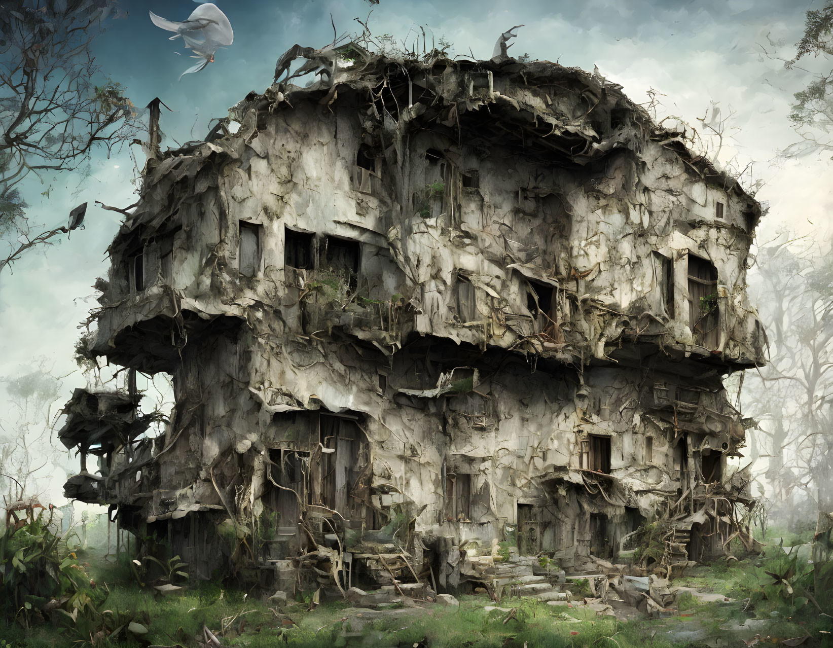 Abandoned building consumed by nature in dark forest landscape