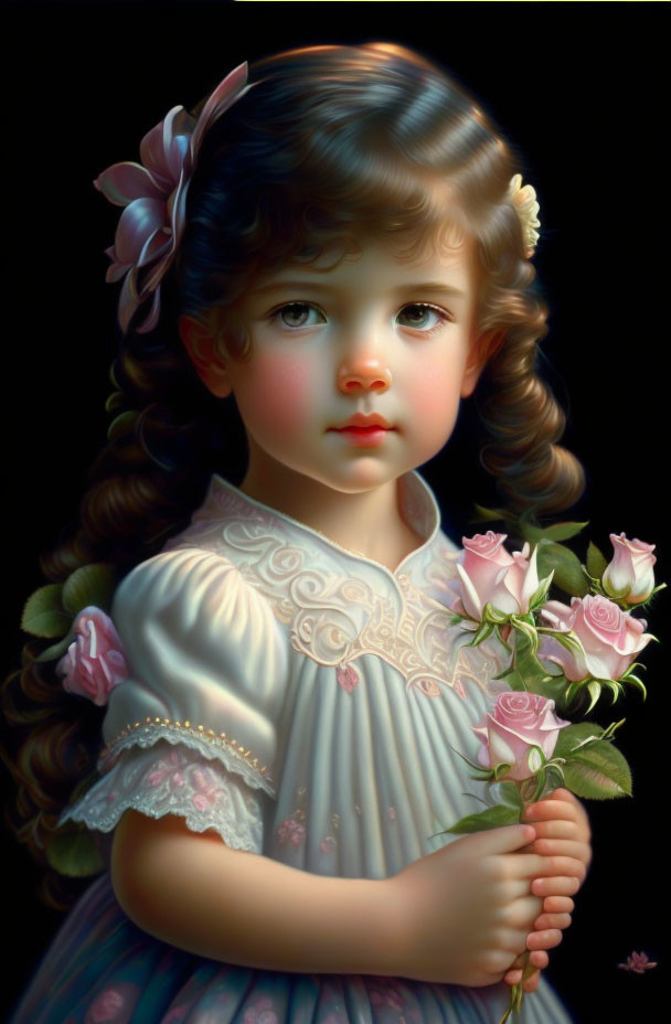 Portrait of Young Girl with Brown Hair and Pink Roses in White Dress