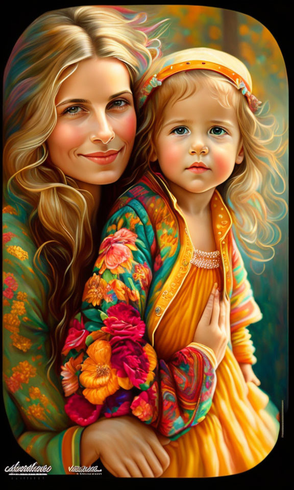 Smiling woman and child in bright floral attire