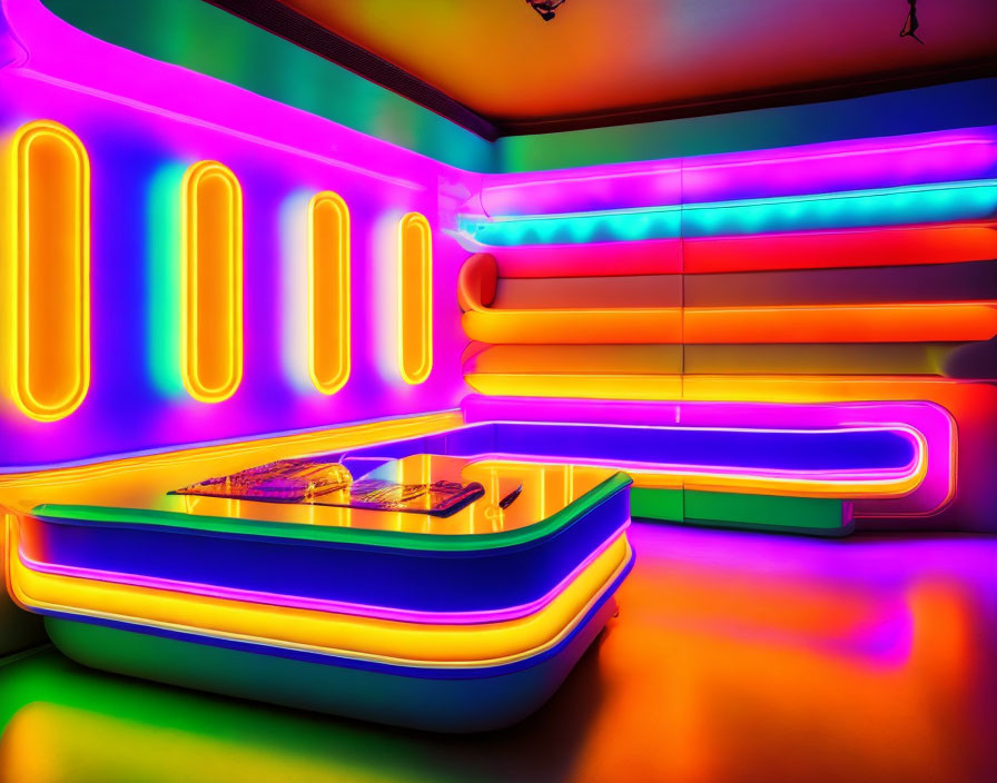 Colorful Neon Lights Illuminate Modern Sofa in Vibrant Room