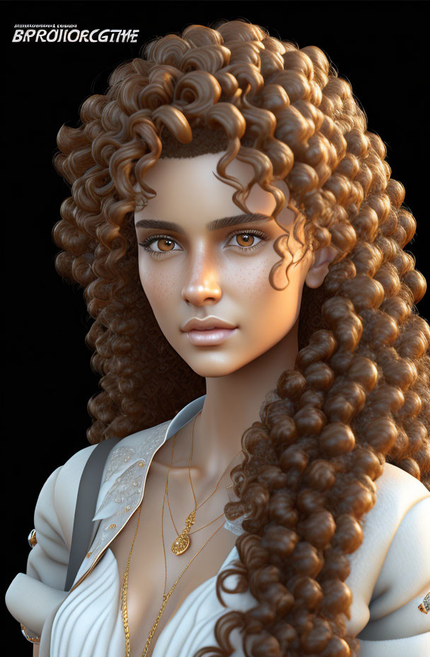 Voluminous curly hair woman with tan skin and green eyes in white outfit