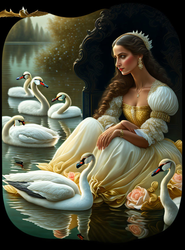 Regal woman with tiara by serene lake and swans in elegant gown