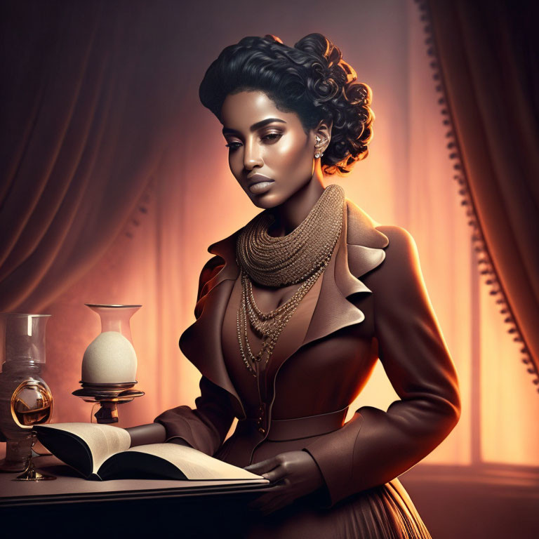 Stylish woman with elaborate hairstyle in brown jacket by table with book and glass