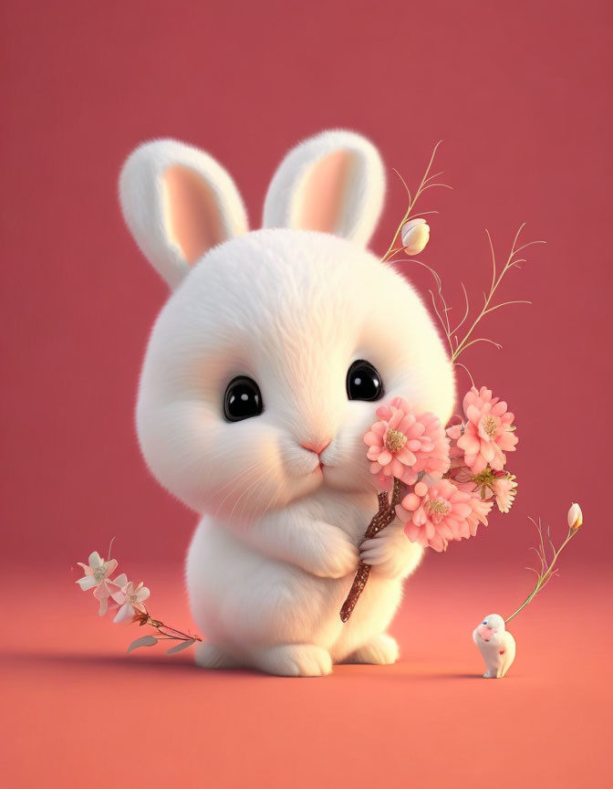 Fluffy white bunny with pink flowers and bird on pink background