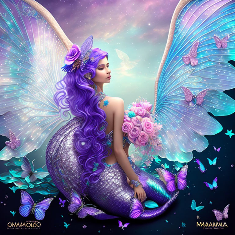 Mermaid with purple hair, butterfly wings, surrounded by butterflies on starry backdrop