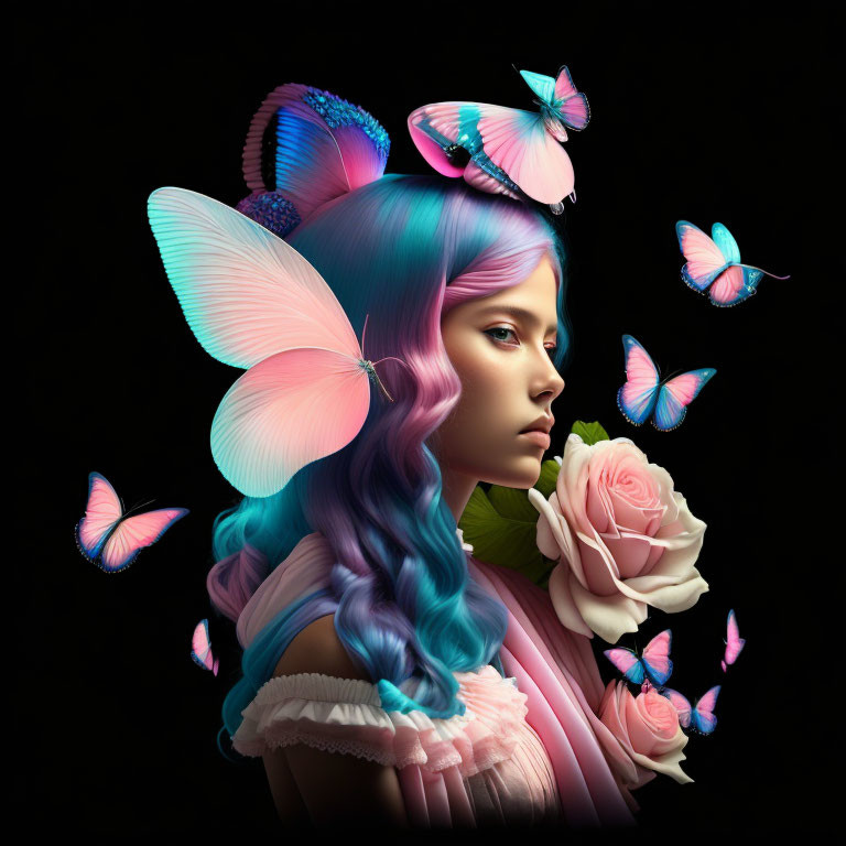 Multicolored hair with butterflies and rose on dark background