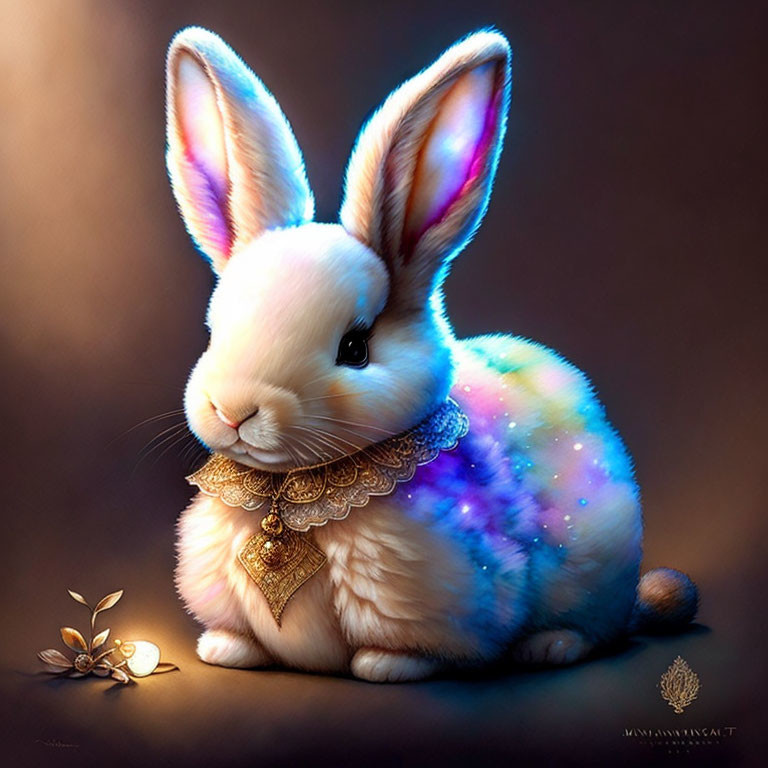 White rabbit with celestial nebula pattern, gold collar, glowing orb, and metallic flower.