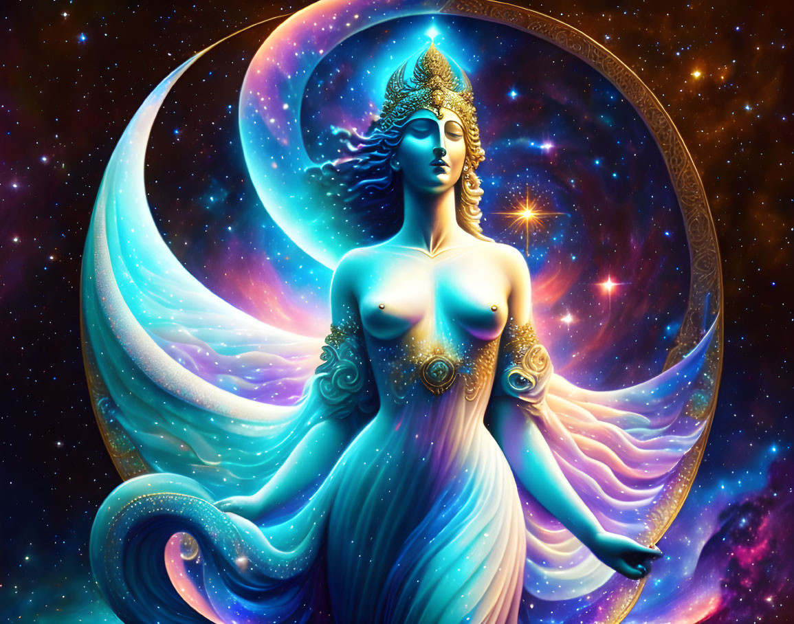 Celestial woman with blue skin in cosmic setting.