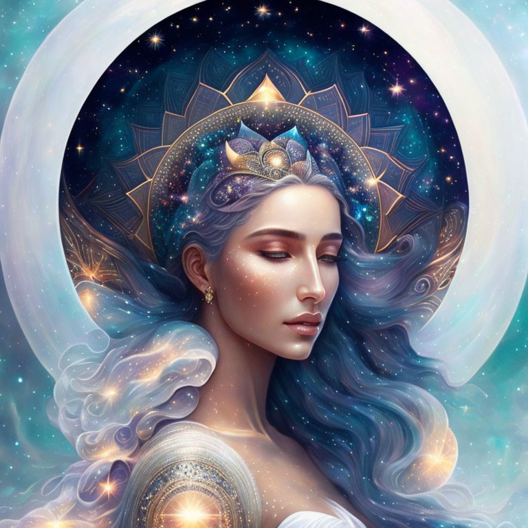 Serene woman with blue hair and celestial crown in cosmic setting