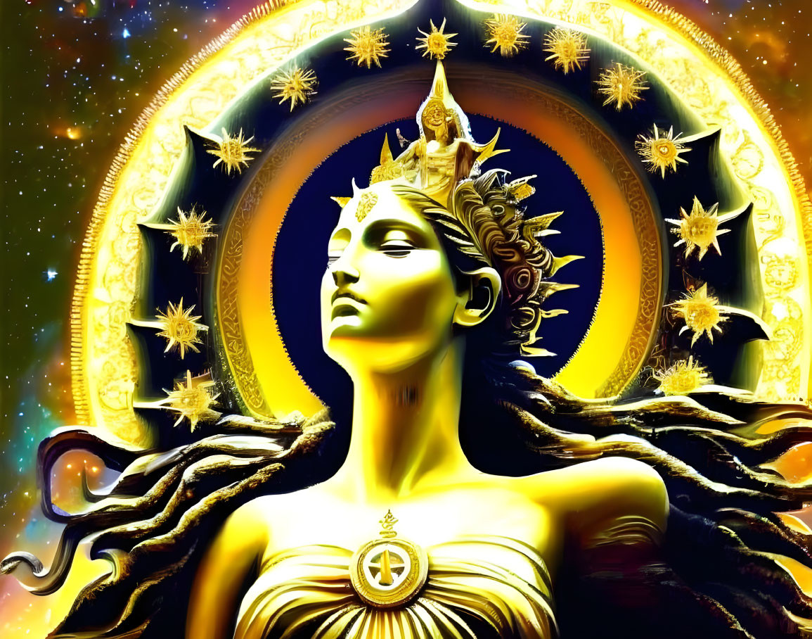 Golden Figure with Cosmic Halo Representing Deity or Universe