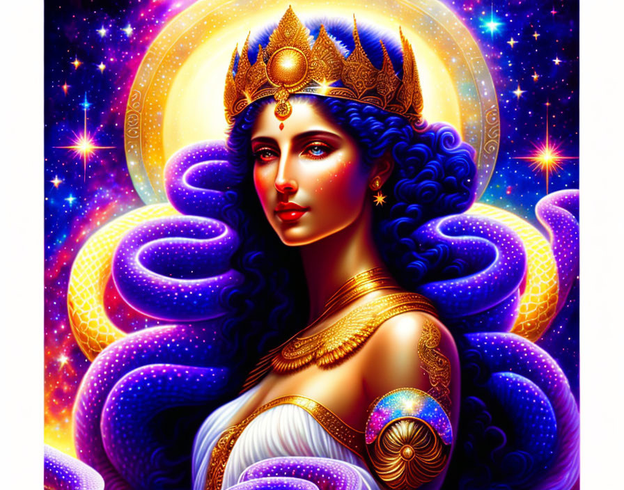 Colorful digital artwork of woman in crown with cosmic backdrop & glowing serpents