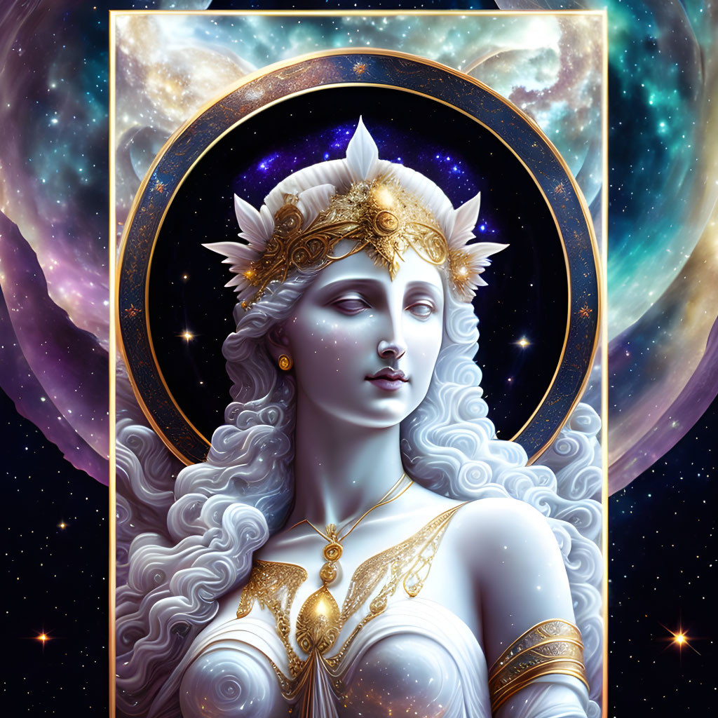 Ethereal woman with pale blue skin and golden headdress in cosmic setting