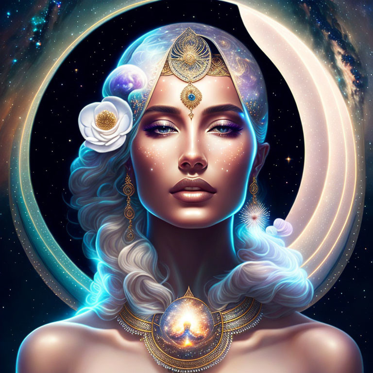 Illustration of woman with celestial bodies and crescent moon in cosmic theme