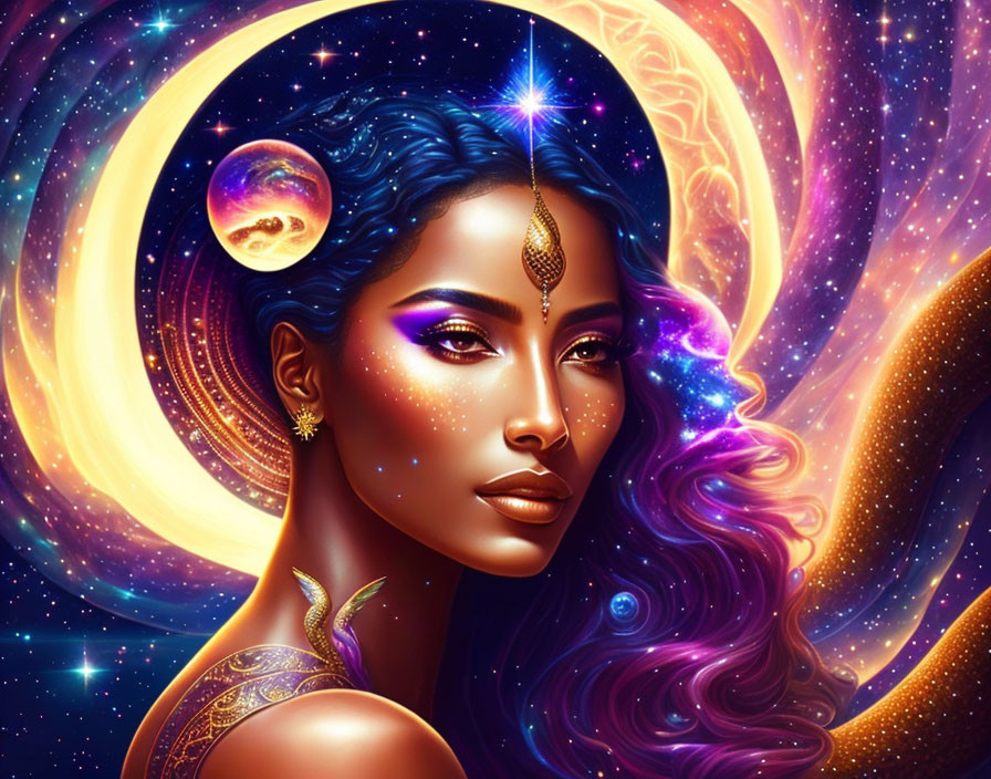 Illustration of woman with blue skin and cosmic-themed hair, featuring stars, moons, and celestial motifs