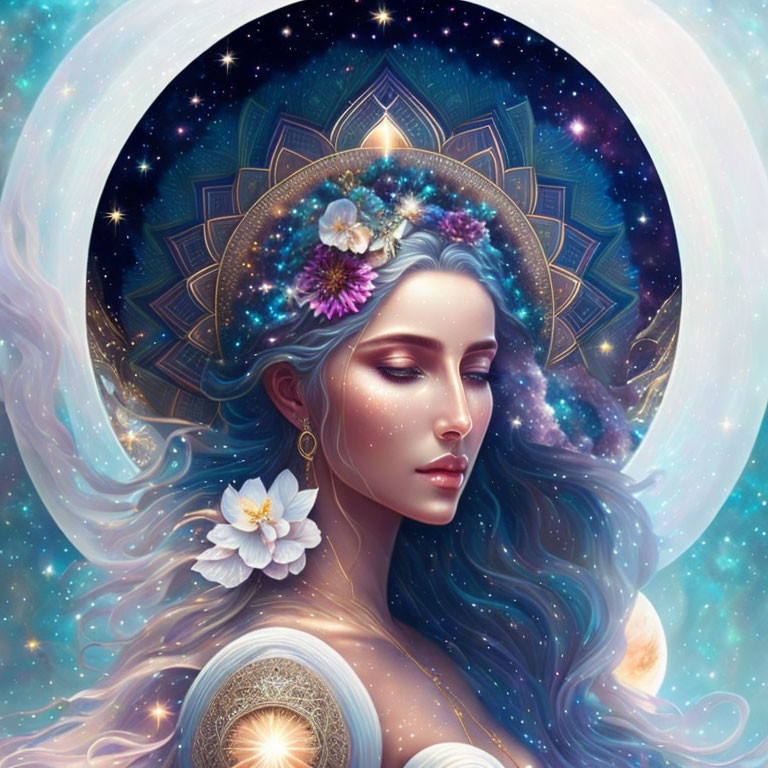 Ethereal woman with blue hair in cosmic setting