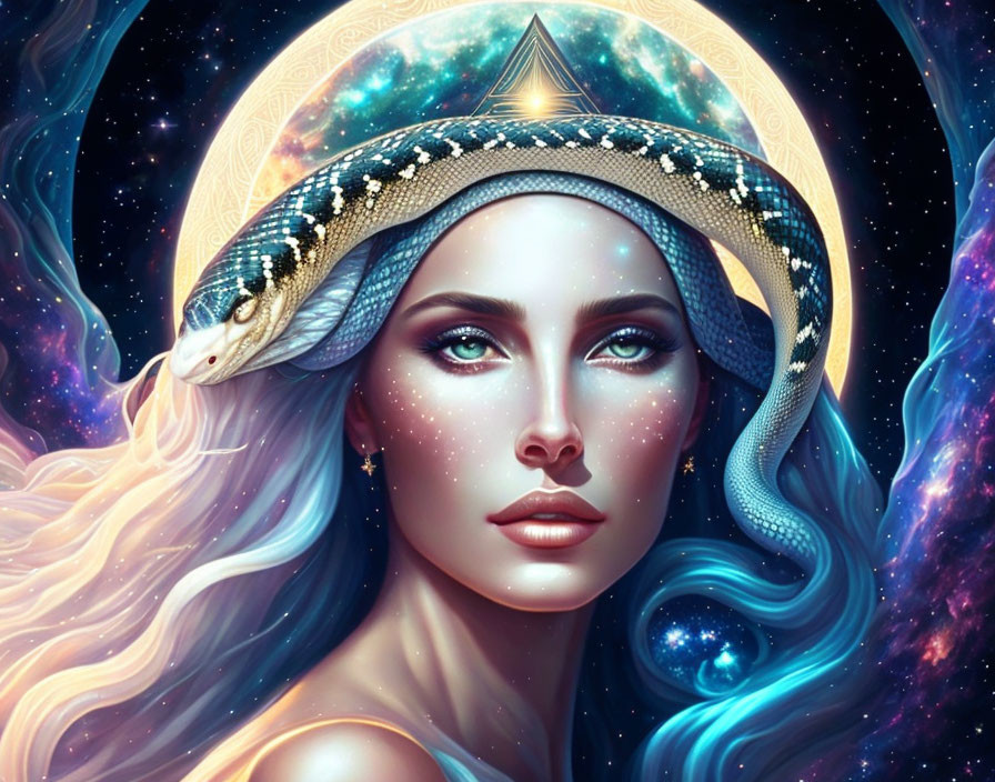 Vibrant cosmic-themed digital artwork of a woman with snake and celestial elements