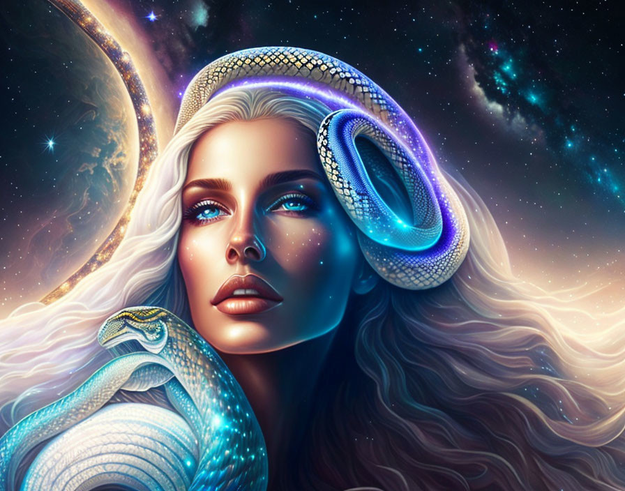 Fantastical portrayal of luminescent woman with cosmic jewelry and snake on starry backdrop