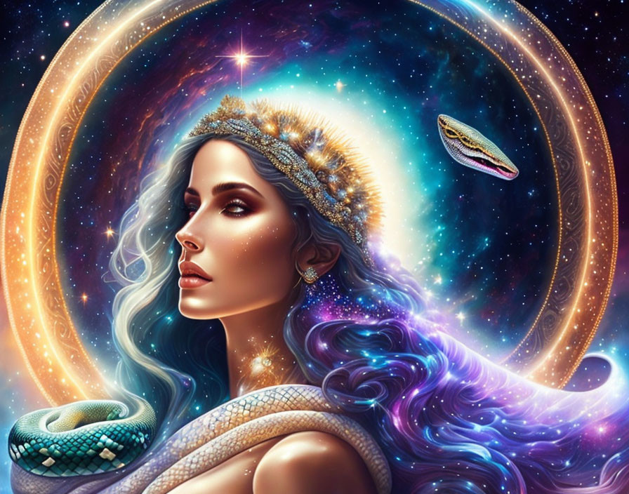 Mystical cosmic woman with starry hair, snake, rings, and spaceship orbiting.