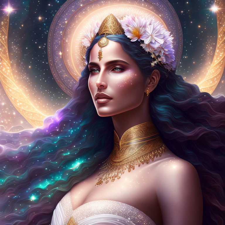 Celestial-themed artwork featuring ethereal woman with cosmic motifs, flowers, gold jewelry, and flowing hair