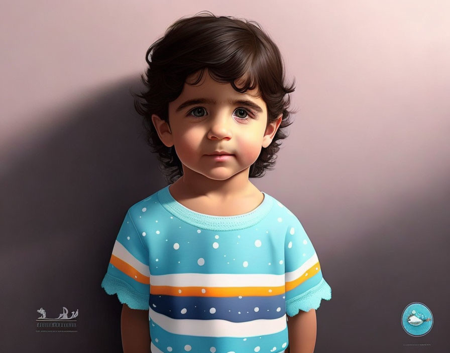 Digital artwork: Young child with dark curly hair in blue and orange striped t-shirt