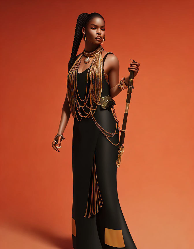 Digital artwork of woman with braided hair in black and gold attire with staff on orange backdrop