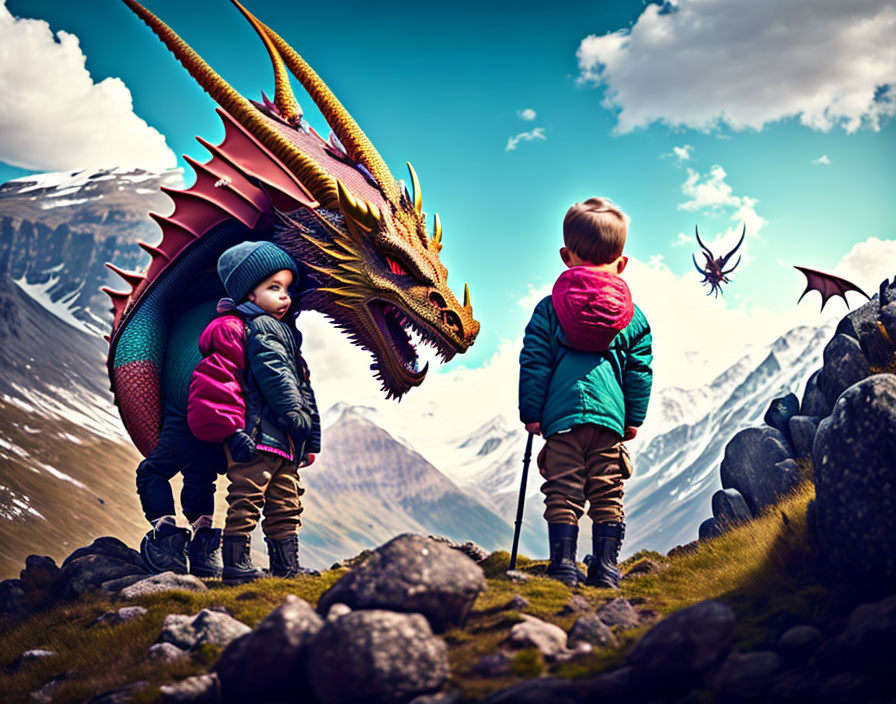 Children Confront Large Dragon in Mountainous Setting