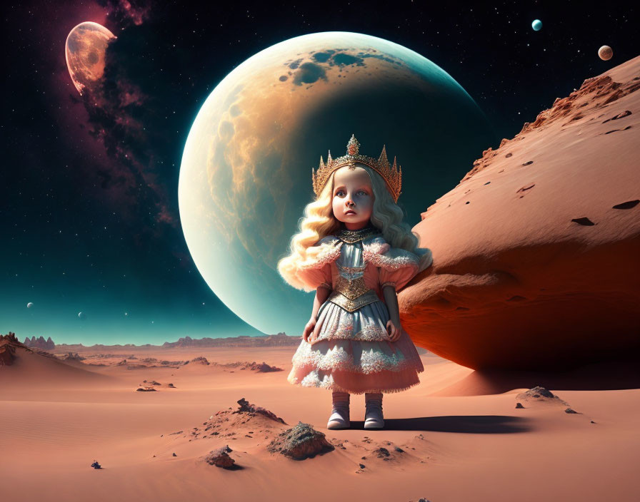 Young girl in royal attire on alien desert with moons and planets.