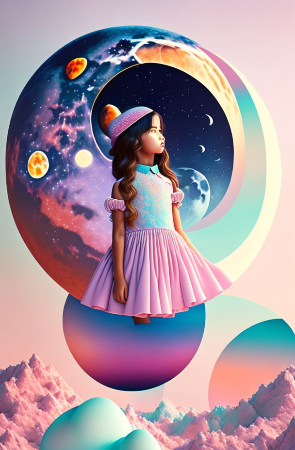 Young girl in pink dress surrounded by surreal cosmic backdrop