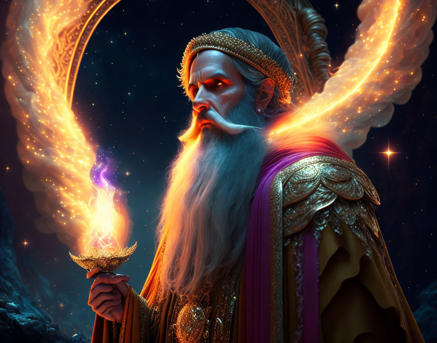 Aged wizard with glowing staff in ornate robes under starry sky