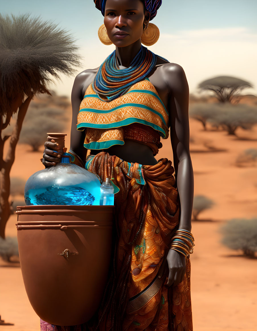 Woman in vibrant African attire holding blue container in desert with brown vessel.