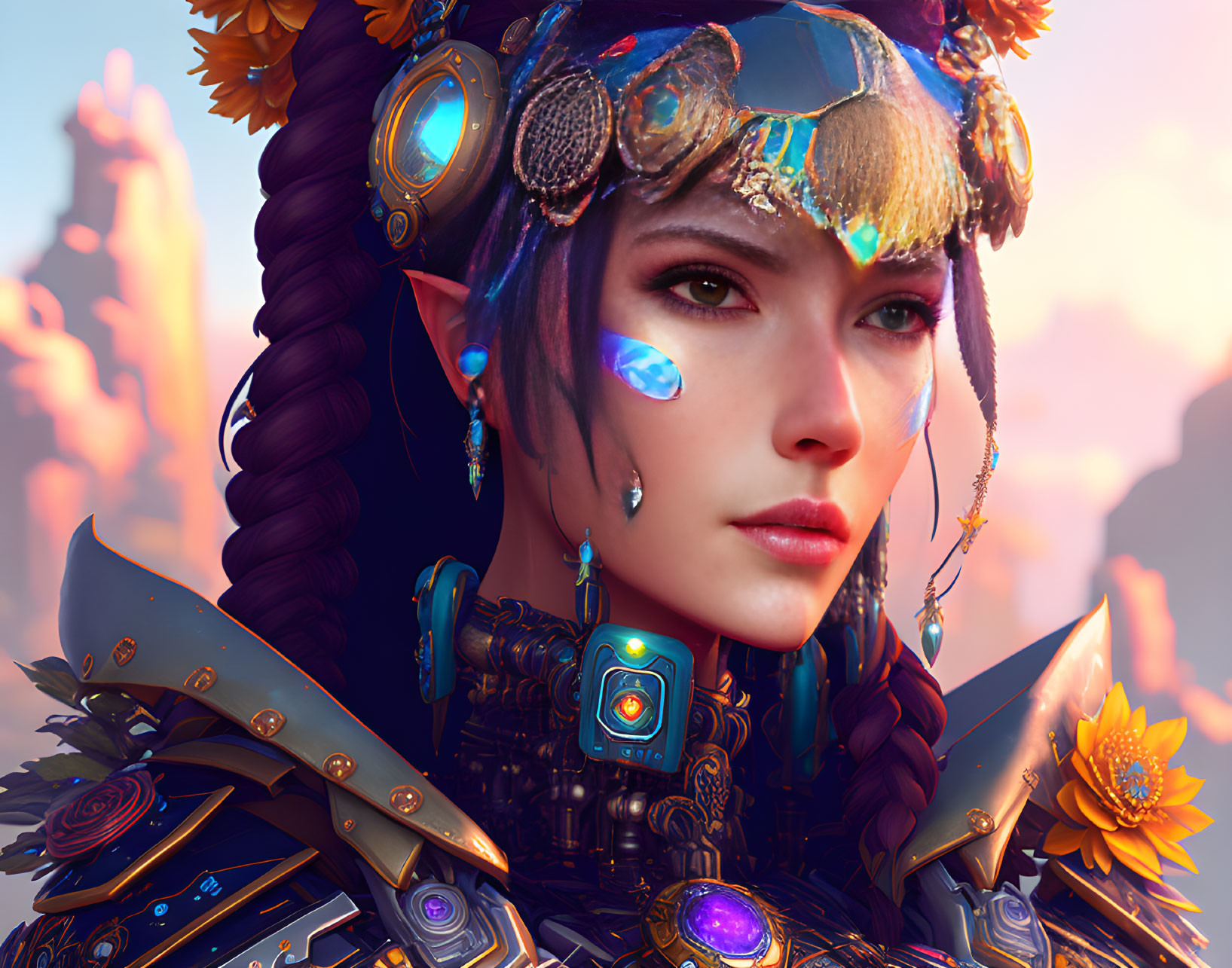 Digital artwork: Woman in ornate armor & headgear, futuristic & fantasy elements, vibrant colors.