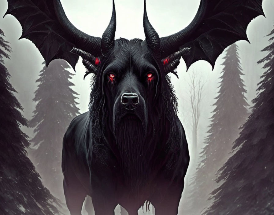 Black winged bull with glowing eyes and sharp horns in foggy forest