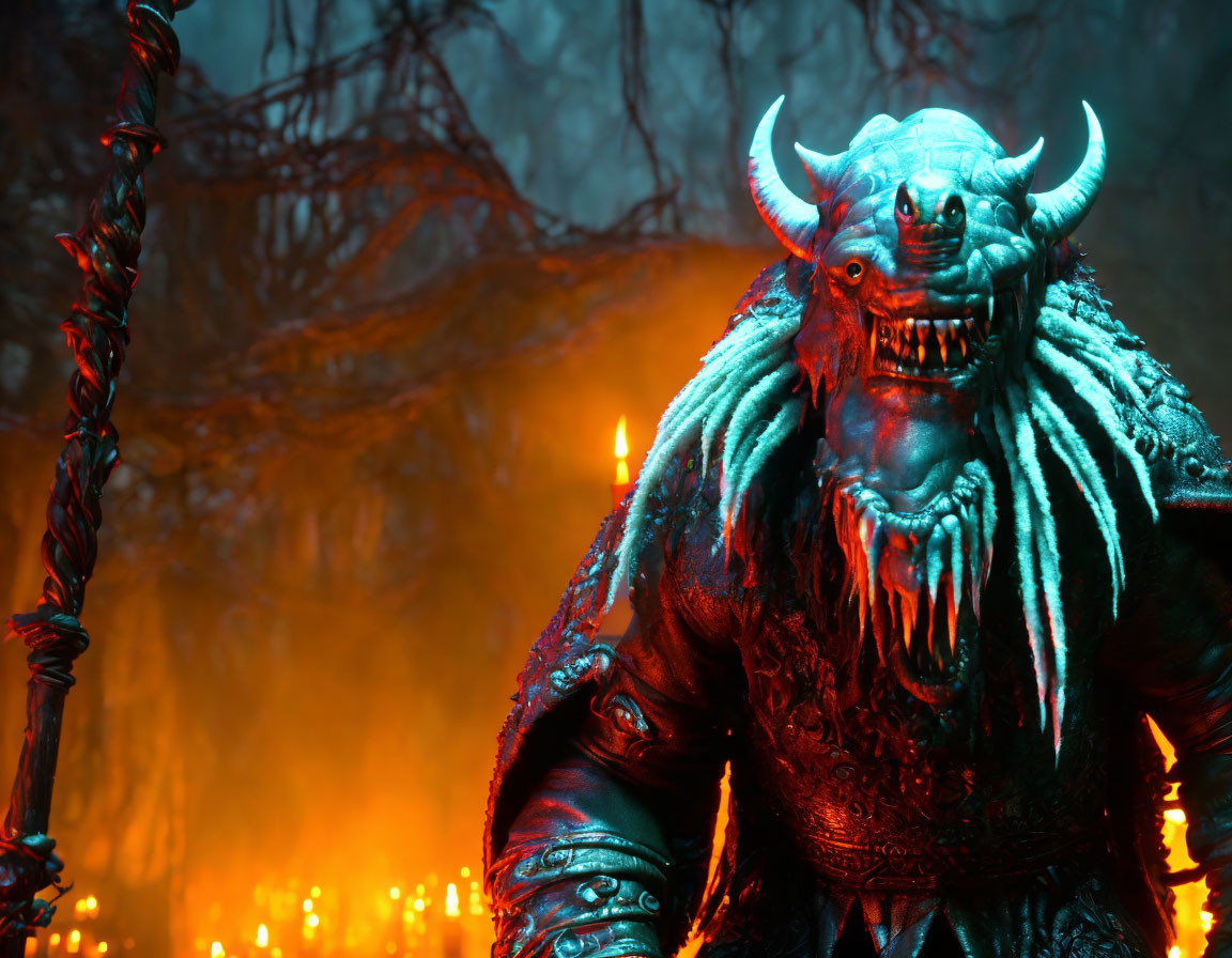 Horned creature with glowing eyes in fiery setting holding chained flail