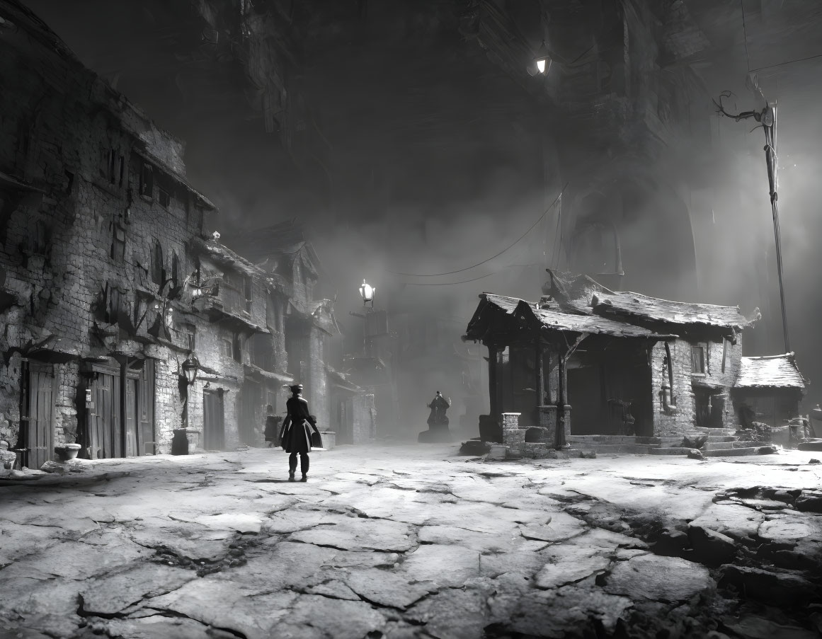 Monochrome image of person in desolate urban area