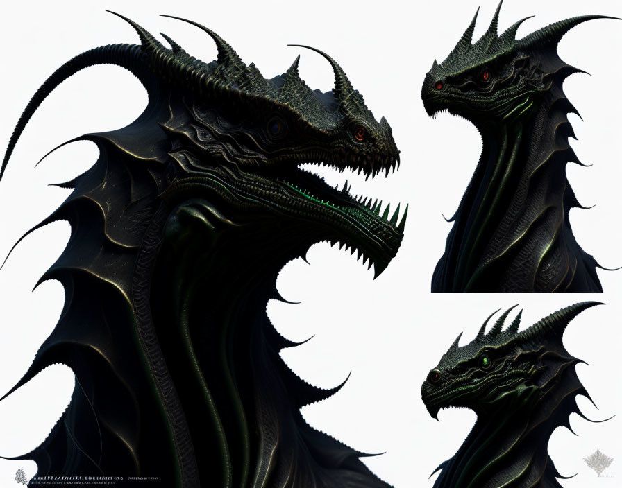 Detailed Close-Up Views of Black Dragon with Sharp Horns and Red Eyes