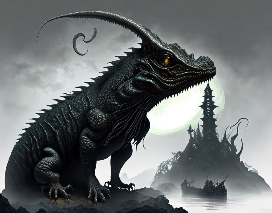 Black dragon with horns and yellow eyes in misty pagoda setting under pale moon.