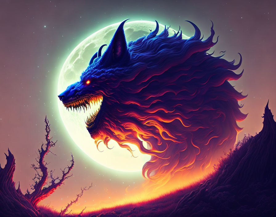 Majestic wolf with fiery mane under full moon in eerie night sky