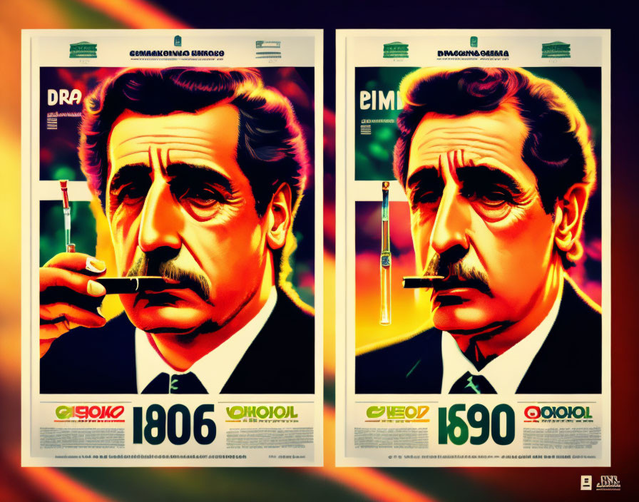 Vintage-style posters with man lighting cigarette in stylized illustration