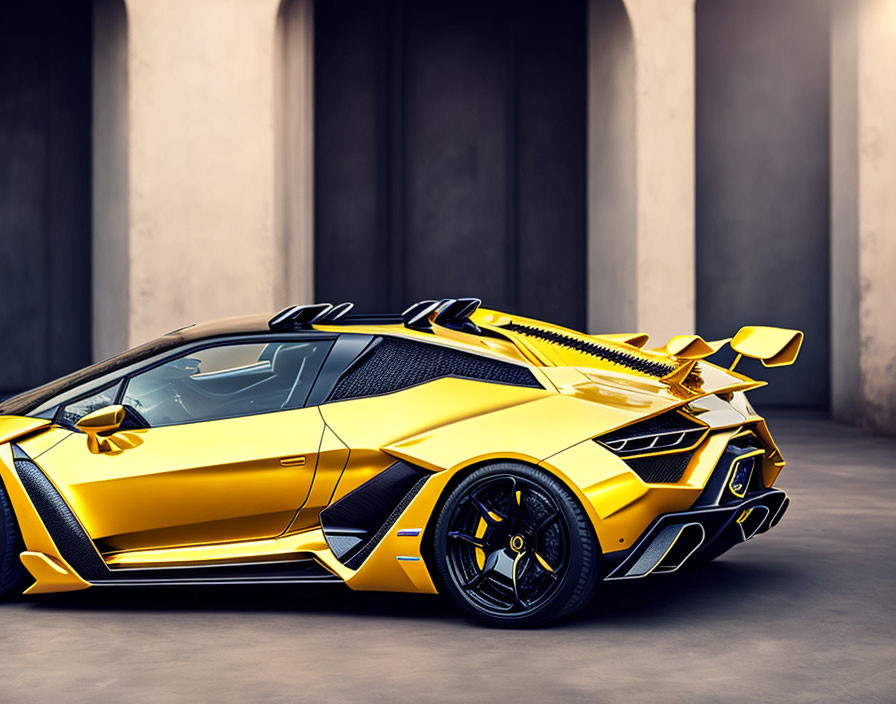 Yellow Lamborghini Sports Car with Black Trim Parked in Front of Concrete Wall